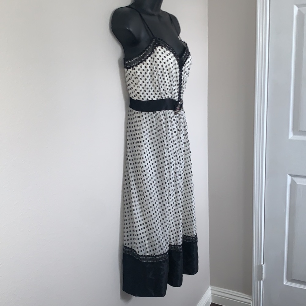 BCBG Vintage Retro Gothic Style Polka Swiss Dot Black and White Brooch Dress - Picture 6 of 11